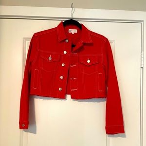 BY THE WAY CROPPED RED DENIM JACKET